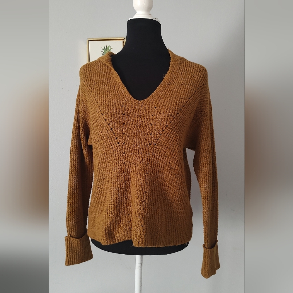 American Eagle Hoodie Knit Women Long Sleeve Color Mustard V Neck Size Small